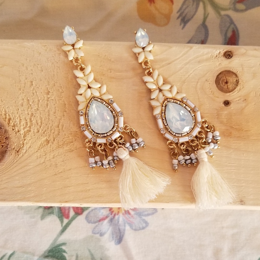 Cream & Gold Crystal Tassel Earrings